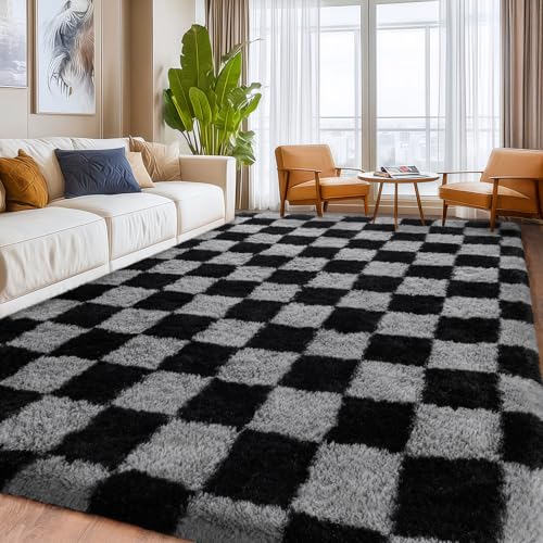Black & Grey Checkered Shaggy Fuzzy Rug 8x10ft High Pile Living Room Carpet
