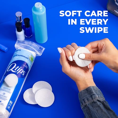 Q-Tips Premium Cotton Rounds for Face, 100% Cotton, Soft Lint Free Makeup Remover Pads, Cleansing Face Pads for Toner, Nail Polish Remover, Skin Care and Beauty Use, 80 Count Per Pack, 6 Pack