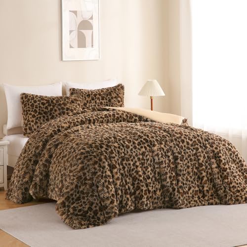Bolder Queen Size Cheetah Faux Fur Comforter Set 3 Pieces - Brown