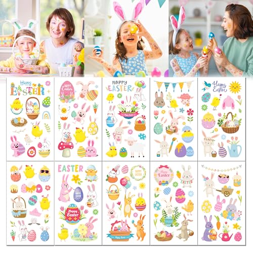 Easter Stickers Tattoos,10 Sheets Temporary Easter Egg Stickers Bunny Stickers for Kids Easter, Easter Egg Decorating Easter Egg Basket Goodie Bags Stuffers Fillers Party Supplies