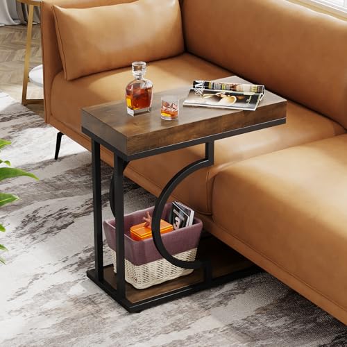 Tribesigns Narrow C Shaped Side Table for Couch Brown+Black - Small Living Room Sofa End Table