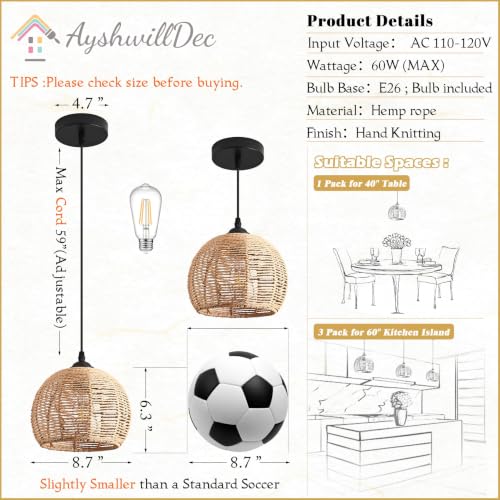 AyshwillDec 8.7" Natural Wicker Pendant Light 2-Pack Boho Rattan Chandelier for Kitchen & Dining