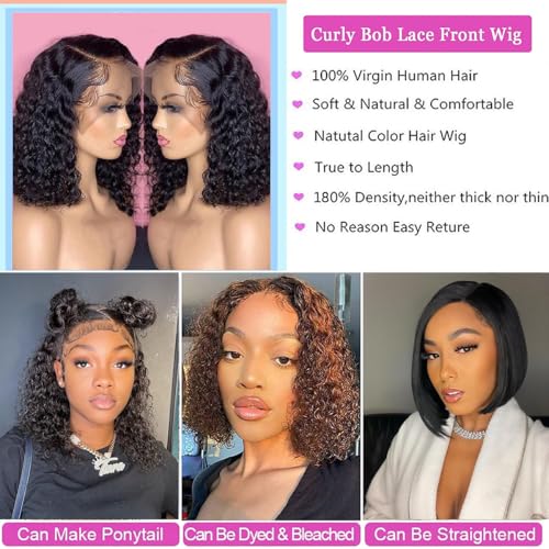 Natural Color 13x6 Curly Bob Lace Front Wig - 14 Inch Human Hair, Pre Plucked with Baby Hair, Wet & Wavy Style, 180% Density
