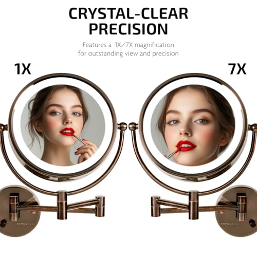 OVENTE Wall Mounted Lighted Makeup Vanity Mirror, 9" Hard Wired Double Sided 1X/7X Magnifying Bathroom Mirror, Dimmable LED Lights, 360¡Æ Rotation and 14" Extendable Arm, Antique Brass MPWD3185AB1X7X