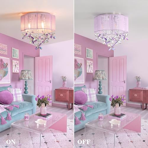 Purple 13-Inch Handmade Crystal Mini Chandelier for Girls Bedroom - Flush Mount Ceiling Light