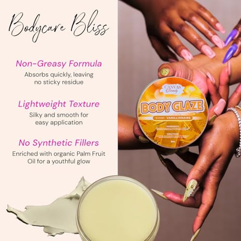 Canvas Beauty Body Glaze, Moisturizing Non-Greasy Body Butter for Women With Beeswax, Jojoba Oil, and Rice Bran for Soft and Glowy Skin (VANILLIONAIRE)
