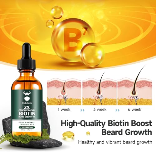 Beard Growth Oil with Cedarwood - 2X Concentration Biotin Beard Oil for Men (2 oz) - Natural Moisturizer & Softener