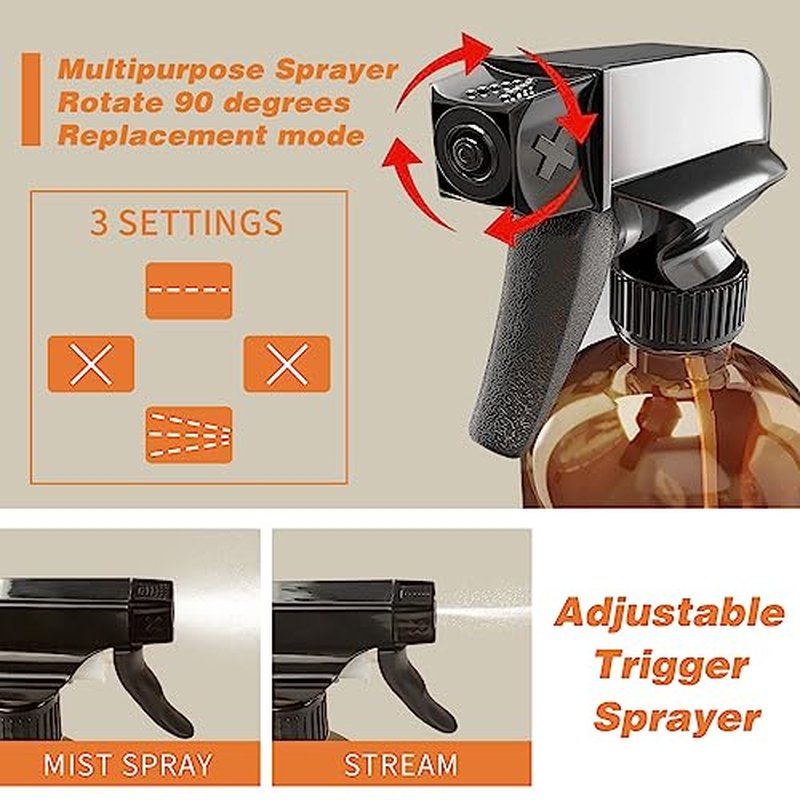 Glass Spray Bottle, 2 Pack 16oz Empty Sprayer with Funnel & Cap & Labels, Large Refillable Mist Bottles for Cleaning, Plant, Essential Oil, Facial Hydration, Water Flower & Hair, (Amber & Frosted)