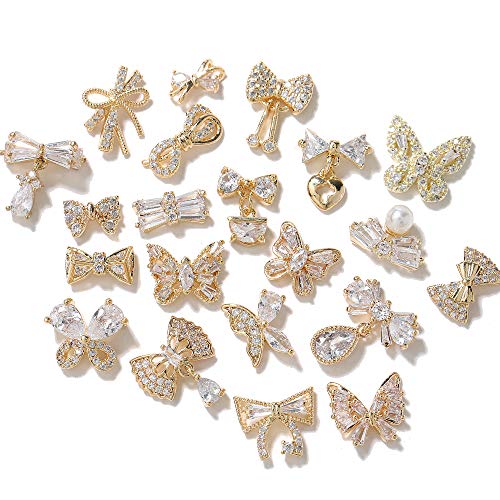 HNUIX Butterfly Nail Charms and Gems - Gold Copper Zircon, Multiple Shapes, Metal Bow-Knot Jewelry Rhinestones Charms, 27Pieces
