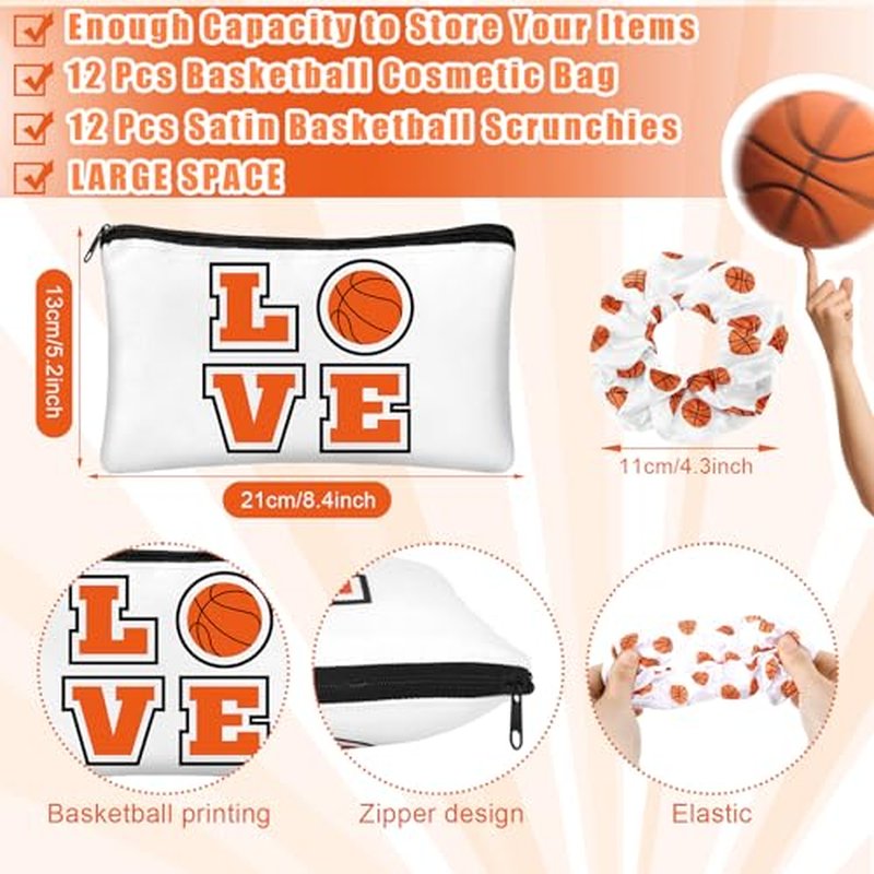 48 Pcs Basketball Team Gifts Include 12 Makeup Bags, 12 Hair Scrunchies, 12 Lip Balms with Holders for Basketball Players Party Favors Inspirational Team Gift