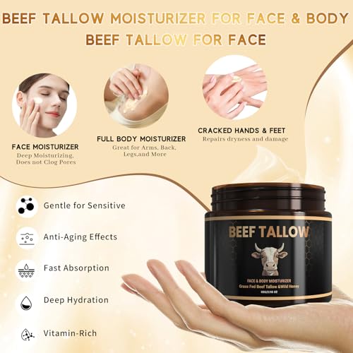 Beef Tallow for Skin ? Whipped Tallow & Wild Honey Balm Face & Body Moisturizer, Grass-Fed, Vitamin-Rich Deep Hydration Balm, 2.16 oz (2.12 Ounce, Unscented)