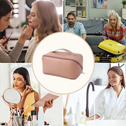 Large Capacity Travel Cosmetic Bag Make Up Bag with Handle and Zipper Multifunction Waterproof Toiletry Bag PU Travel Organiser Bag Wash Bag for Women Ladies Girls Pink A