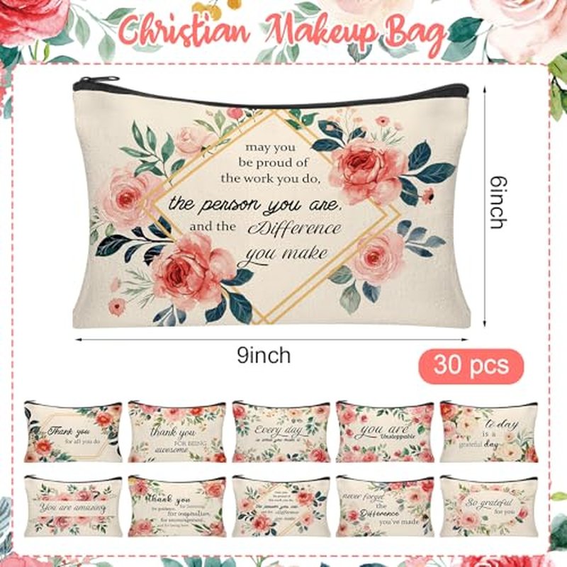 30Pcs Inspirational Quotes Makeup Bag Canvas Cosmetic Bags Encouragement Travel Toiletry Pouch Thanksgiving Appreciation Gifts for Women Valentine's Day Mother¡¯s Day Wedding