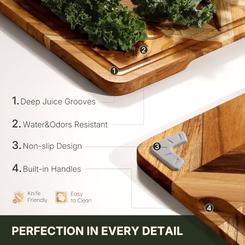 Nomsters 3-Pack Heavy-Duty Teak Cutting Boards with Non-Slip Base - Herringbone Wood Set