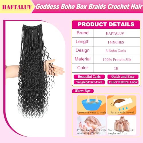 Haftaluv 14 Inch Boho Crochet Goddess Box Braids Hair - Pack of 8, 1B