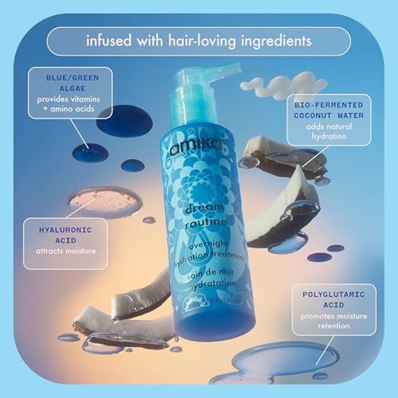 amika dream routine overnight hydrating hair mask | no rinse leave-in treatment for dry hair, ultra-hydrating, with hyaluronic acid for long-lasting moisture