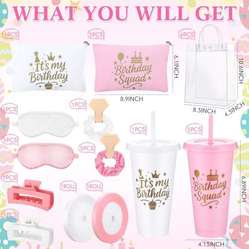 6 Sets Birthday Squad Party Favors for Women Birthday Squad Cups Tumblers with Lids Straws Makeup Bags Satin Eye Masks Hair Clips Hair Scrunchies for Spa Sleepover Accessories(Pink White)