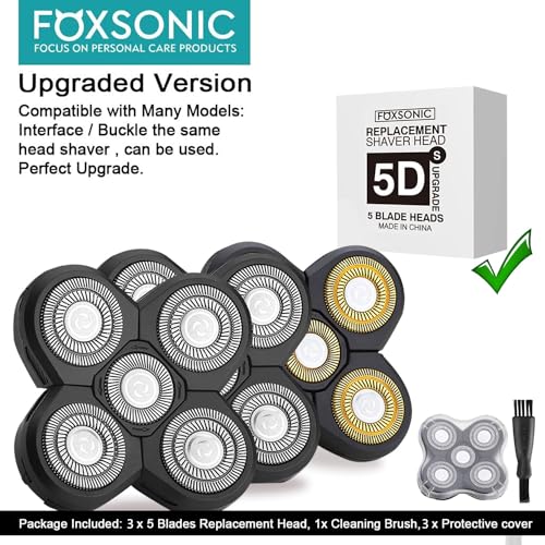 FOXSONIC 3PCS Universal 5 Blades Head Shaver Replacement Heads - Black & Gold (5 Blades x3)
