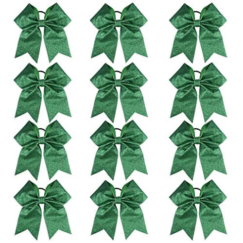 Cheerleader Hair Bows Set - Large Glitter Green Ponytail Holders with Elastic Band - 12 pcs