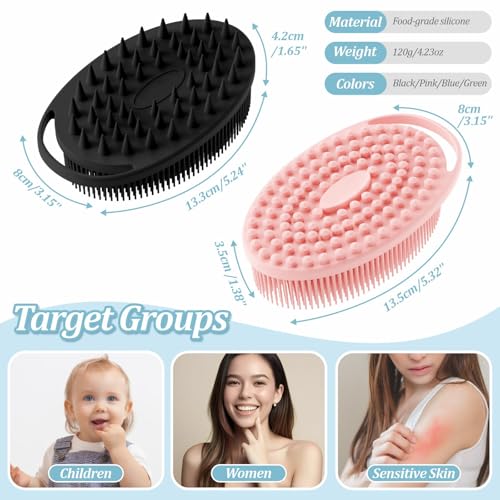Soft Silicone Body Scrubber 4PCS, 2-in-1 Bath & Shampoo Brush with Dual-Side Usage, Hygienic Silicone Loofah Shower Scrubber for Gentle Exfoliating & Good Lathering(Black/Pink/Green*2)