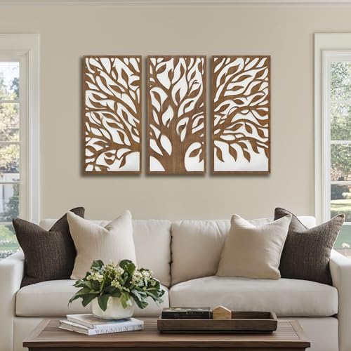 Tree of Life Wall Decor Set - Birch Botanical Two-Tone 3-Piece Wood Panels, Ready to Hang, 16 x 32 Inches, Unframed