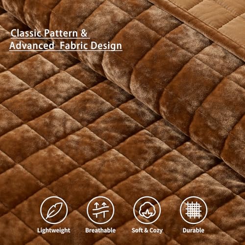 King Size Caramel Velvet Quilt Set with 2 Pillow Shams - All Season Bedding