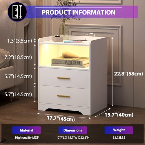 RGB Nightstand with Wireless Charging Station - White, 3 Layers