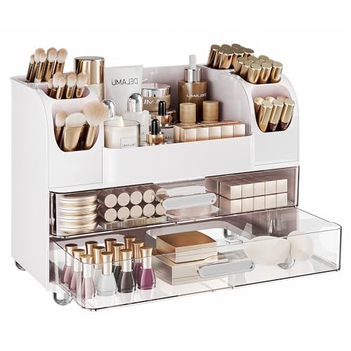 Delamu Makeup Organizer Countertop with 6 Brush Holder, Bathroom Countertop Organizer with 2 Large Drawers, Cosmetic Display Case for Vanity, Ideal Christmas Gifts for Women Girls, Light White