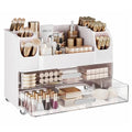 Delamu Makeup Organizer Countertop with 6 Brush Holder, Bathroom Countertop Organizer with 2 Large Drawers, Cosmetic Display Case for Vanity, Ideal Christmas Gifts for Women Girls, Light White
