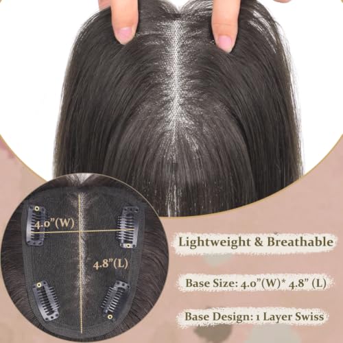 Hair Toppers for Women 14 Inch Real Human Hair Dark Brown with Reddish Undertone - 4x4.8 Inch Middle Part, Hand-Tied, Natural Scalp Line, Lightweight & Breathable - Variation: 4.0x4.8 Inches, 14 Inch, 4 Clips