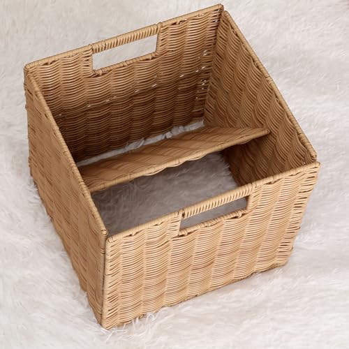 Khaki Collapsible Plastic Wicker Storage Baskets Set of 4 - 10.5 x 10.5 Inches