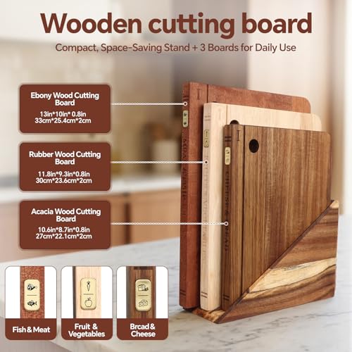Wood Book Cutting Board Set with Stand - Acacia, Rubber, Ebony Large/Medium - Kitchen Decor & Food Prep