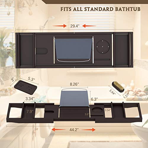 Bathtub Caddy Tray for Luxury Bath - Bamboo Waterproof Expandable Bath Table Over Tub with Wine and Book Holder and Free Soap Dish (Brown)