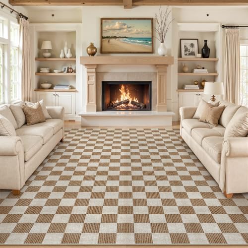 9x12 Checkered Washable Area Rug - Brown Non-Slip Living Room Carpet
