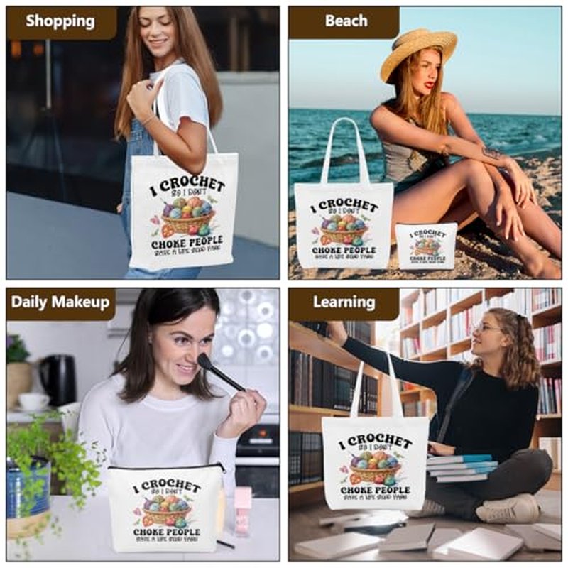 Crochet Knitting Supplies Canvas Tote Bag Makeup Bag Set, Crochet Accessories Gifts for Women Grocery Cosmetic Bags
