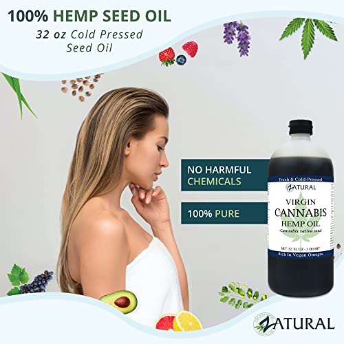 Zatural 100% Pure Hemp Seed Oil - Food Grade & Cold Pressed - Virgin Hemp Oil for Cooking, Smoothies, and Salads (32 Fl Oz)