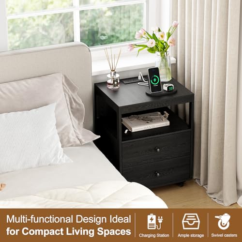 Black Bedroom Nightstand with Charging Station, 2 Drawers, Wheels