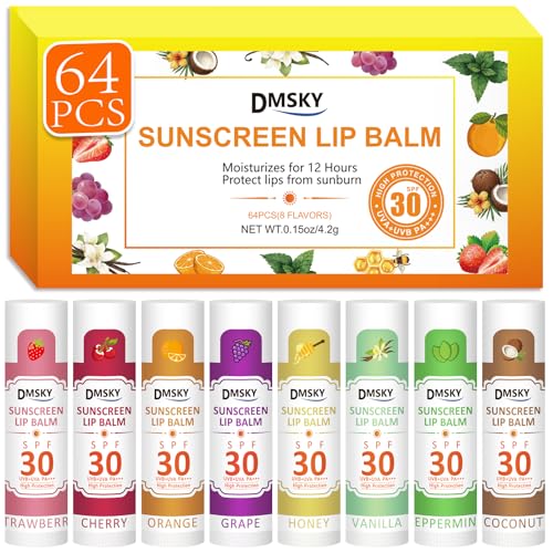64 Pack SPF 30 Lip Balm Set - 8 Flavors, Bulk Lip Sunscreen with Variation 1 Pack of 64