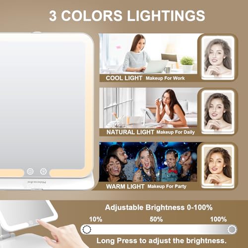 Mocado Foldable Travel Lighted Makeup Mirror with 3 Light Modes, 8" x 6" White