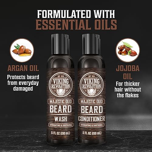 Viking Revolution Beard Wash and Beard Conditioner for Men with Argan Oil and Jojoba Oil - Beard Softener and Strengthener Beard Care Beard Shampoo and Conditioner with Beard Oil (5oz, Majestic Oud)