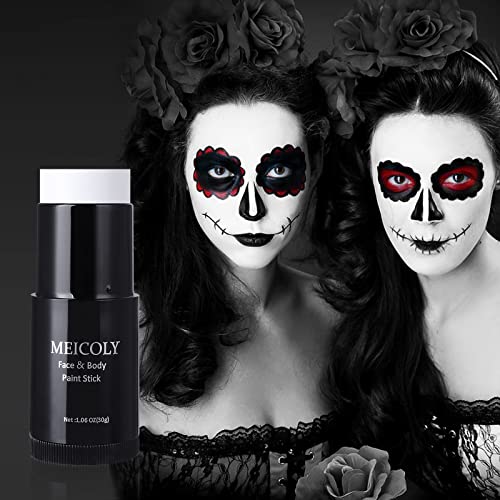 MEICOLY Clown White Face Body Paint Stick(1.06 Oz),Foundation Cream Makeup,Face Paint for Halloween Joker Zombie Vampire Skeleton Skull Special Effects Mime Makeup,White Eye Black Stick for Sports