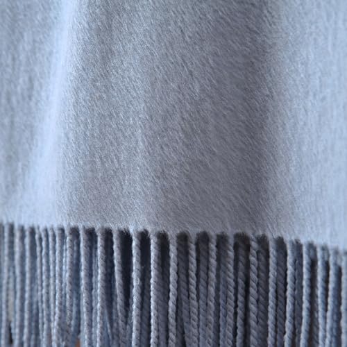 Silk Throw Blanket with Hand-Knotted Fringe - Natural Blue, 50 x 65 Inches