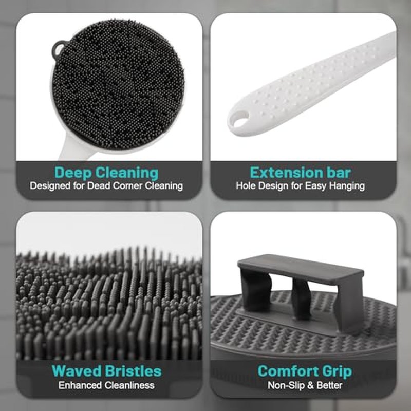 MIHJVLIFE Silicone Back Scrubber for Shower, 16in Lengthen Detachable Long Handle Body Brush, Bristles Loofah for Gentle Exfoliating and Massage Can Produce Rich Foam, Back Scrubber for Men