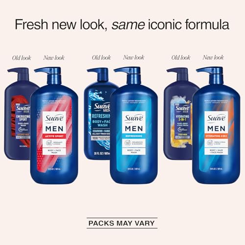 Suave Men Body & Hair Care 3-Pack – Hydrating 3-in-1, Sport & Refreshing Wash