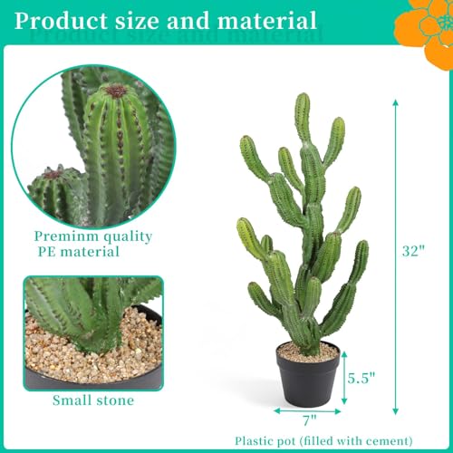 32 Inch Artificial Cactus Tall Fake Cacti with Planter for Indoor Outdoor Decor - Faux Saguaro Plant