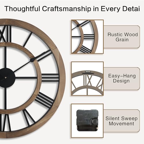 Brown 24-Inch Rustic Wooden Wall Clock with Roman Numerals - Farmhouse Decor