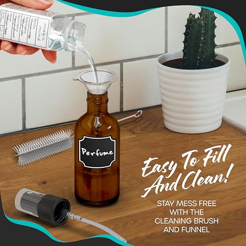 Nevlers 4 Oz Amber Glass Spray Bottles for Cleaning & Refreshment | 48 Pack Amber Glass Bottles | Mist Bottle Sprayer w/Shrink Wrap, Funnel, Brush, Marker & Labels | Small Spray Bottle for Hair & Face