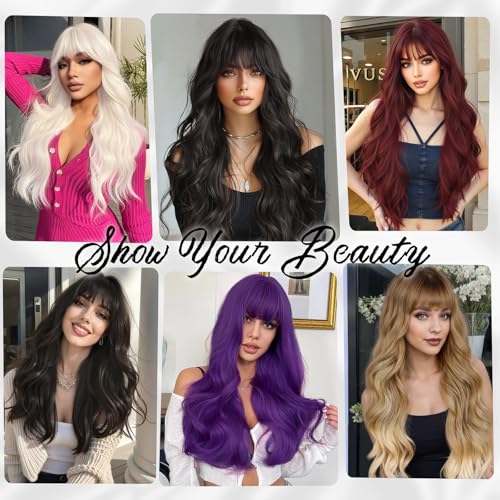 Black Wig for Women 26 Inch Synthetic Wavy Hair with Bangs - Cosplay & Daily Wear