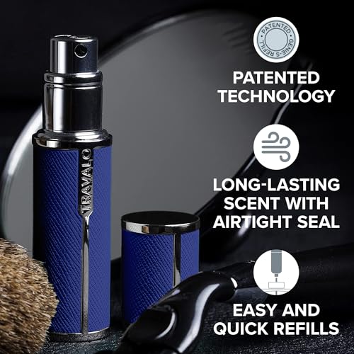 Travalo Milano Perfume Atomizer - Leak-Proof and TSA Approved for Air Travel - Reusable, Airtight, Easy Fill Mini Pump Sprayer - Lightweight, Vegan Leather with Polished Metal Outer Shell - Blue