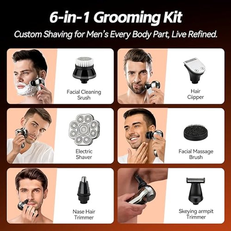9D Head Shaver for Bald Men, 6-in-1 Electric Grooming Kit, Cordless Rechargeable Wet & Dry Waterproof Skull Razor with Nose Trimmer, Hair Clipper & Body Grooming Attachments